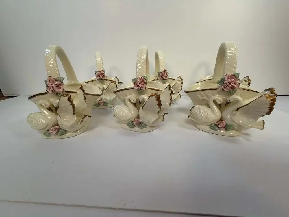Set of 6 Berkeley Designs Porcelain Swan Baskets with Pink Roses